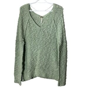 Free People‎ Songbird Pullover XS  Green Oversized Nubby V-Neck
